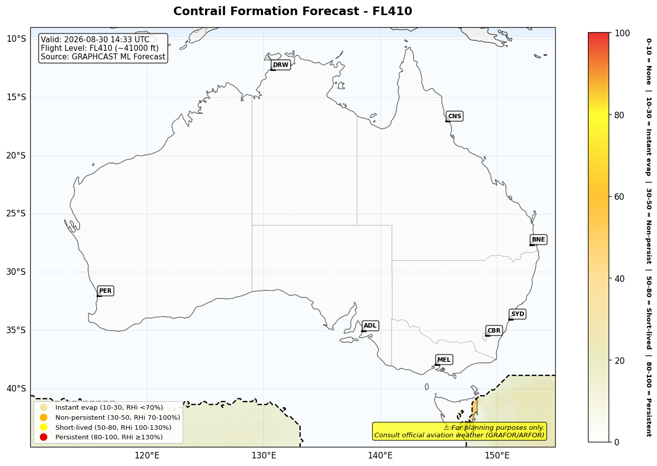 Contrail forecast for FL410 at 2026-08-30 14:33 UTC