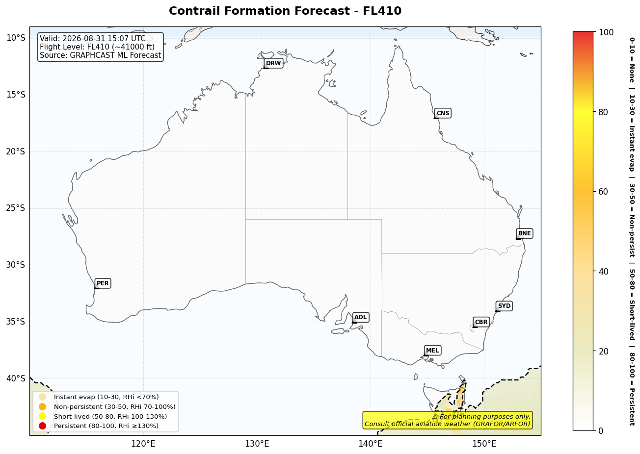 Contrail forecast for FL410 at 2026-08-31 15:07 UTC