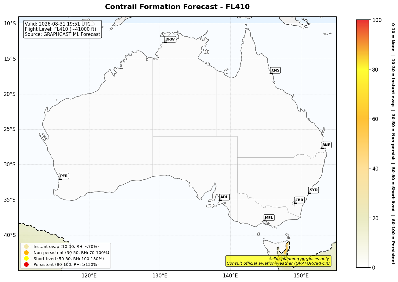 Contrail forecast for FL410 at 2026-08-31 19:51 UTC
