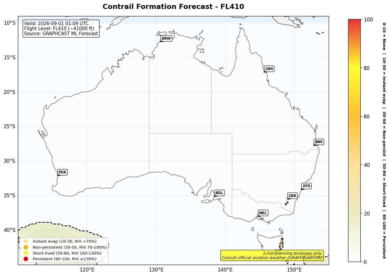 Contrail forecast for FL410 at 2026-09-01 01:09 UTC