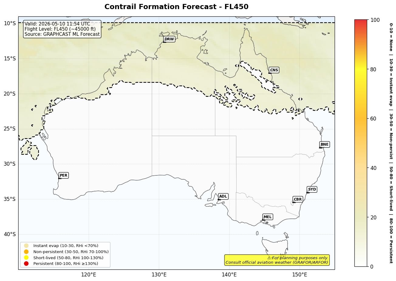 Contrail forecast for FL450 at 2026-05-10 11:54 UTC