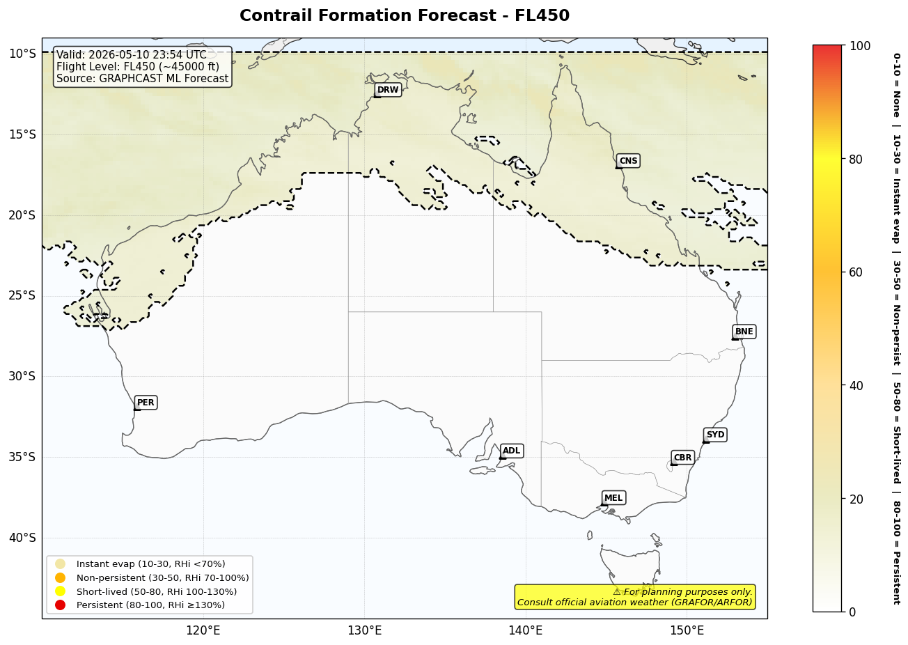 Contrail forecast for FL450 at 2026-05-10 23:54 UTC