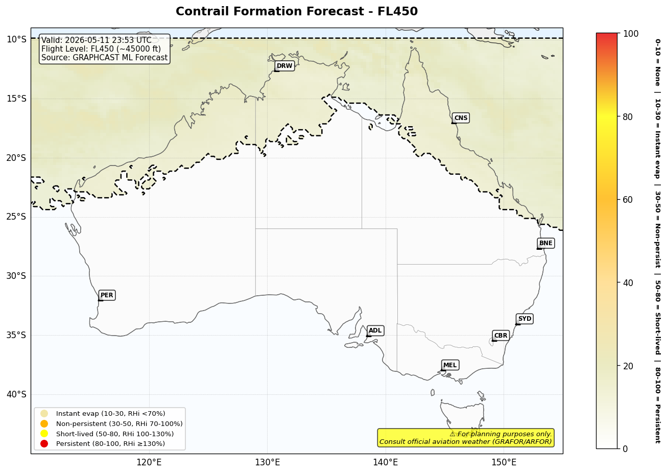 Contrail forecast for FL450 at 2026-05-11 23:53 UTC