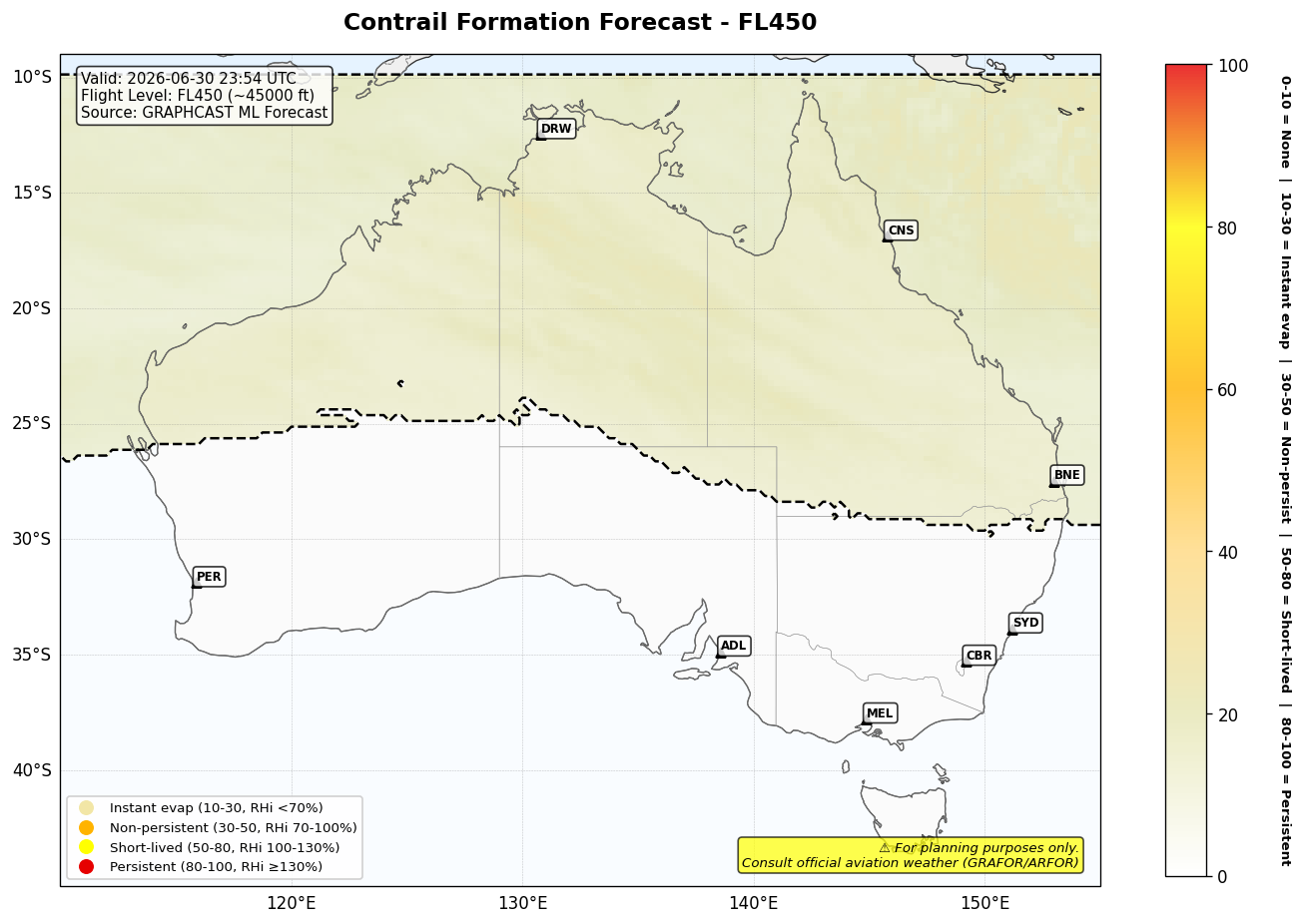 Contrail forecast for FL450 at 2026-06-30 23:54 UTC