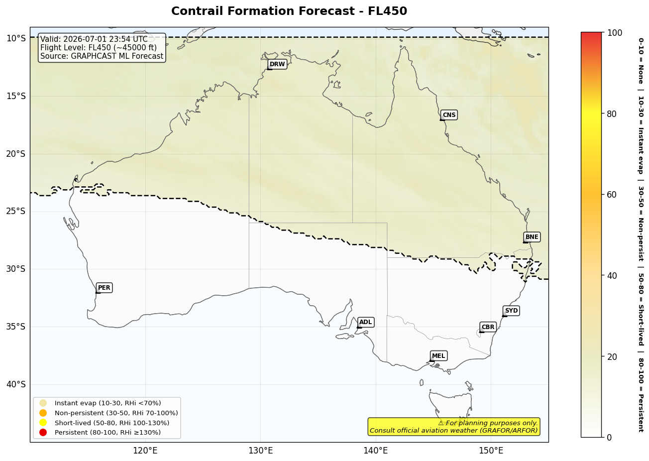 Contrail forecast for FL450 at 2026-07-01 23:54 UTC