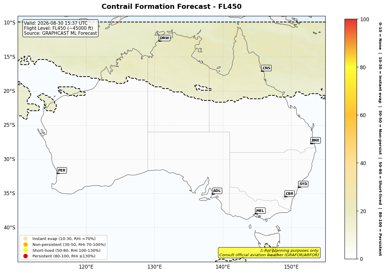 Contrail forecast for FL450 at 2026-08-30 15:37 UTC