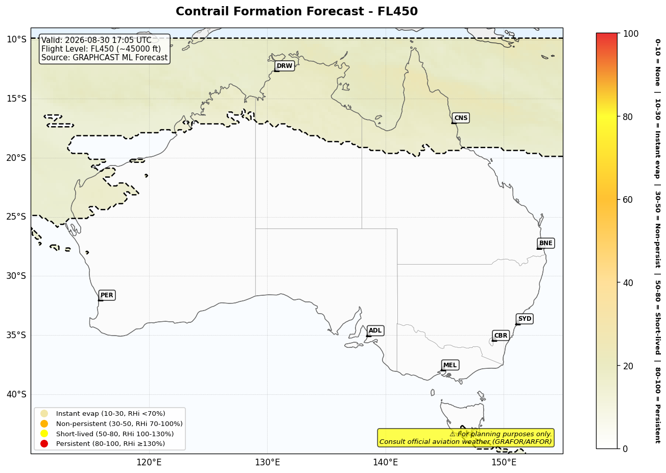 Contrail forecast for FL450 at 2026-08-30 17:05 UTC