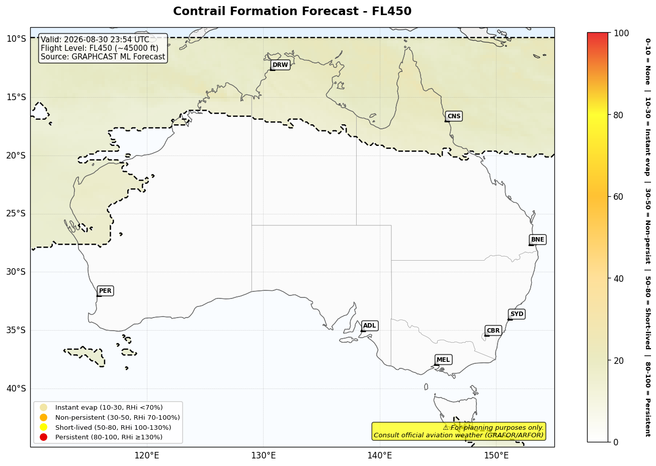 Contrail forecast for FL450 at 2026-08-30 23:54 UTC