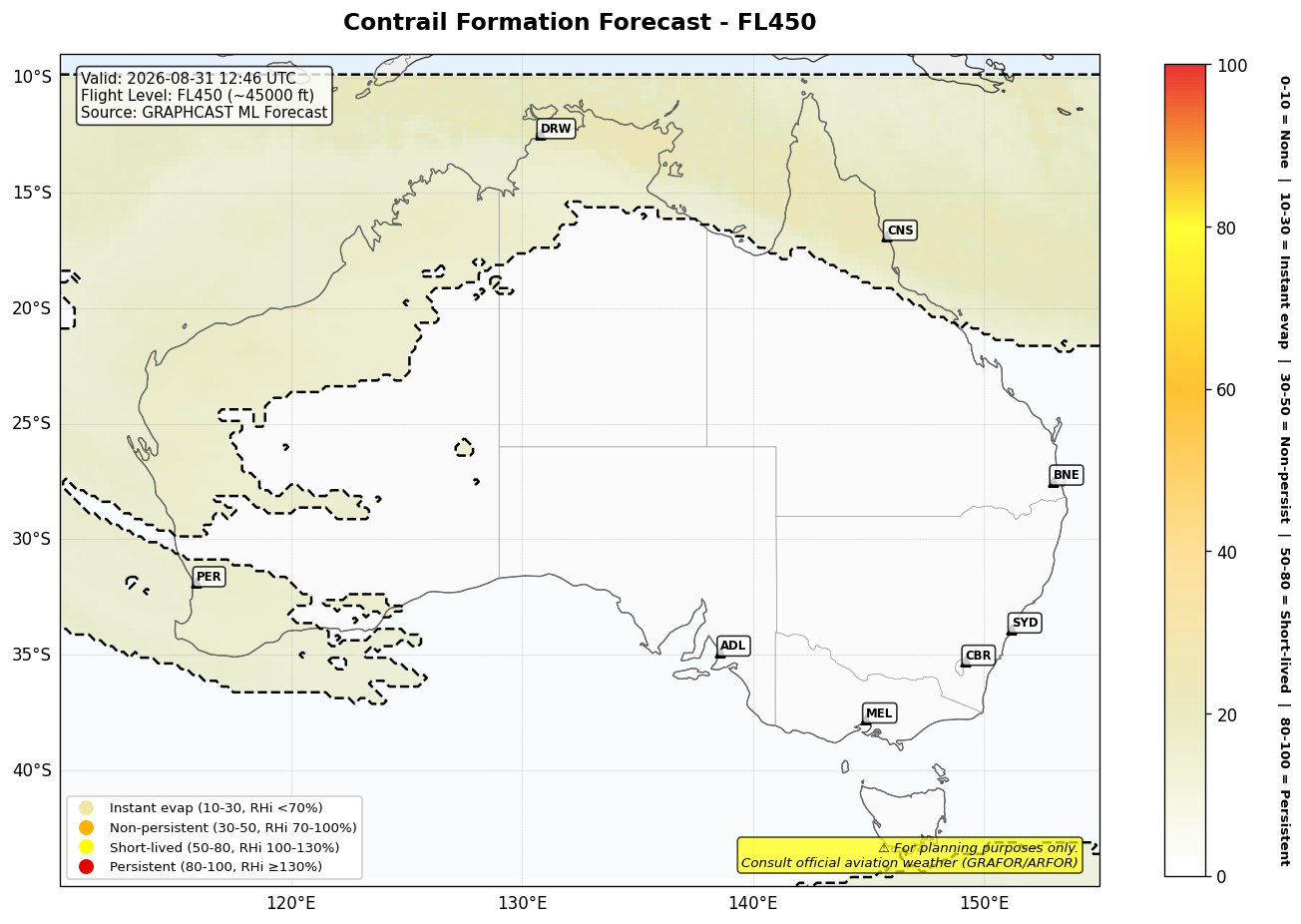 Contrail forecast for FL450 at 2026-08-31 12:46 UTC