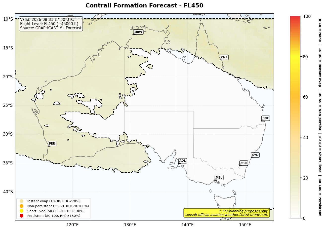 Contrail forecast for FL450 at 2026-08-31 17:50 UTC