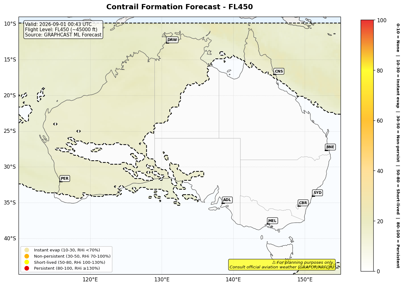 Contrail forecast for FL450 at 2026-09-01 00:43 UTC