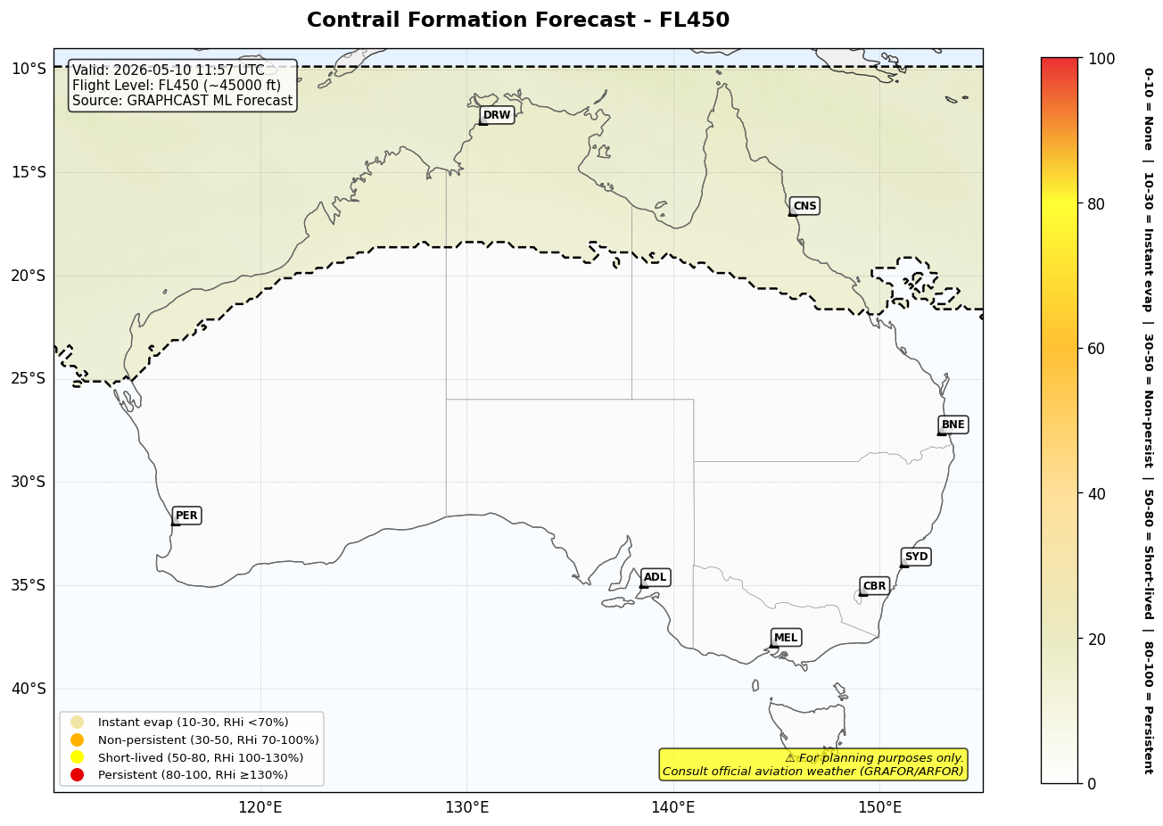 Contrail forecast for FL450 at 2026-05-10 11:57 UTC