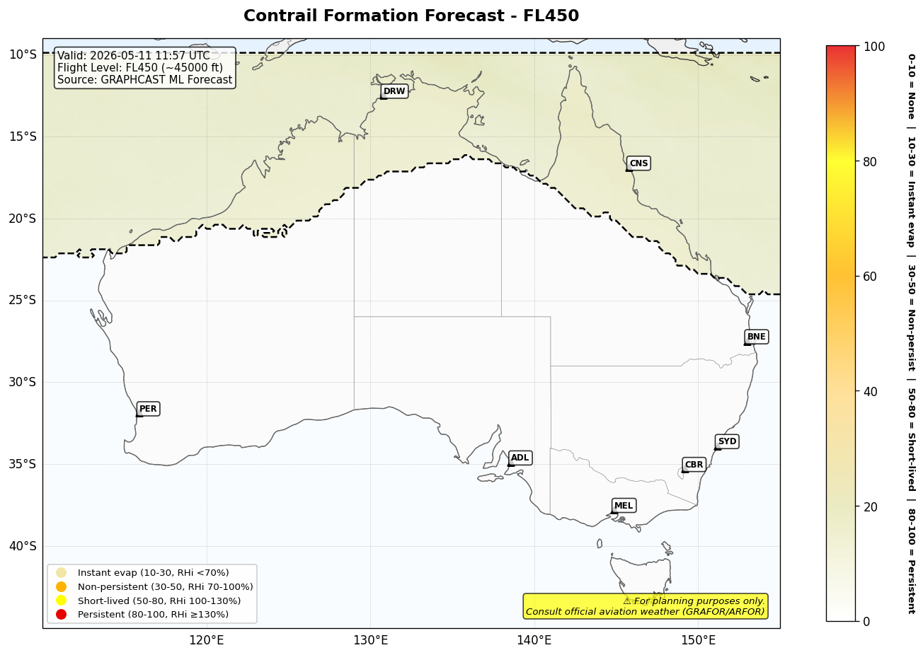Contrail forecast for FL450 at 2026-05-11 11:57 UTC