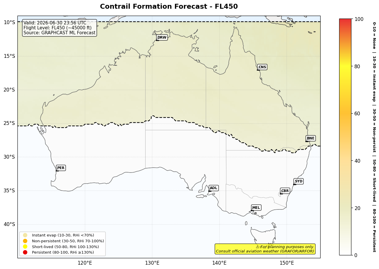 Contrail forecast for FL450 at 2026-06-30 23:56 UTC
