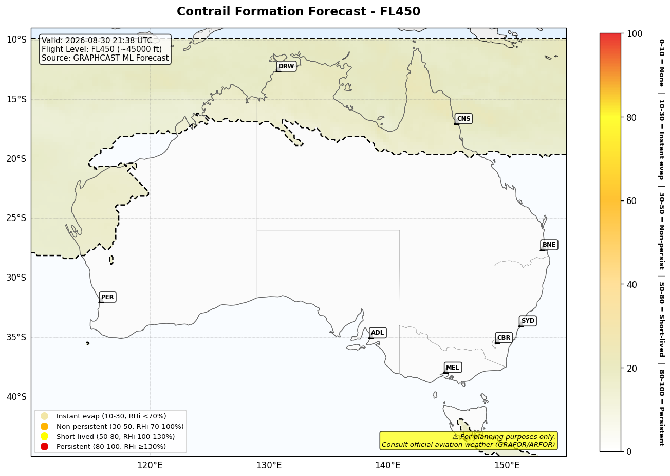Contrail forecast for FL450 at 2026-08-30 21:38 UTC