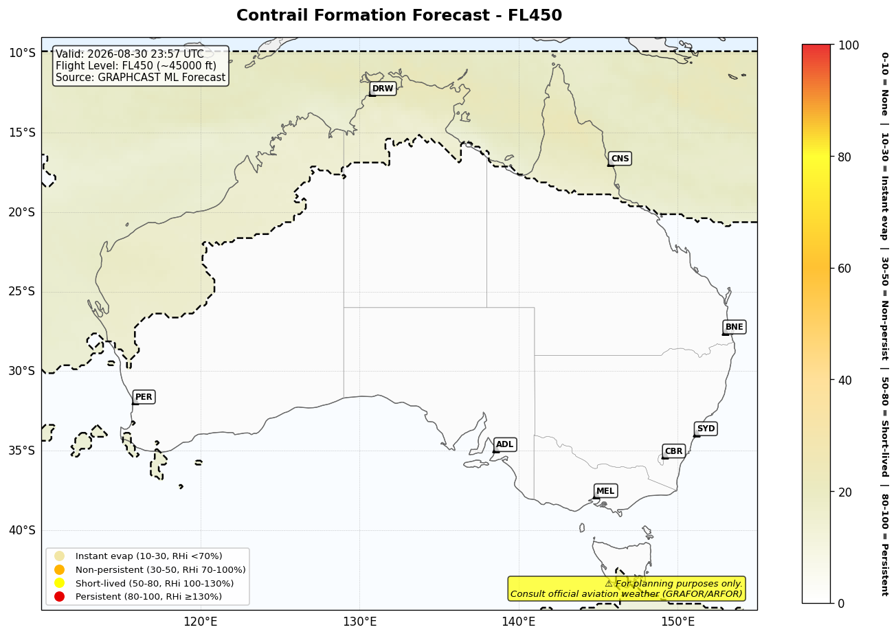 Contrail forecast for FL450 at 2026-08-30 23:57 UTC