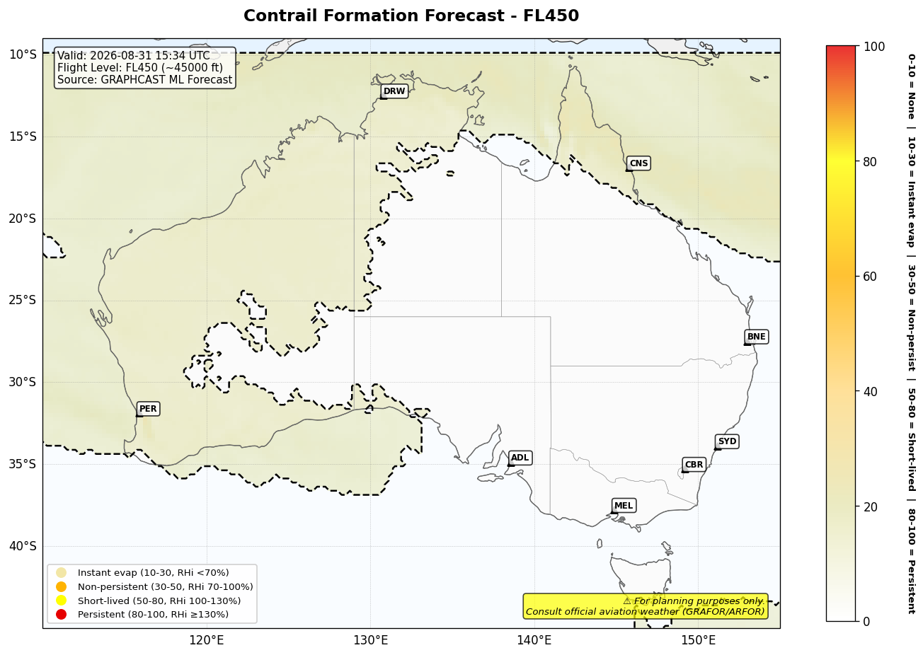 Contrail forecast for FL450 at 2026-08-31 15:34 UTC