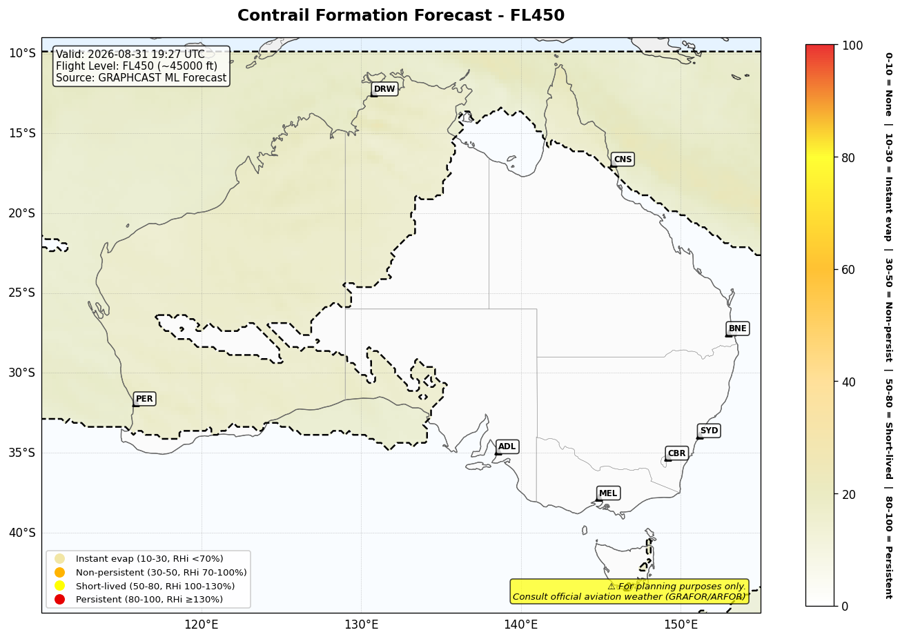 Contrail forecast for FL450 at 2026-08-31 19:27 UTC