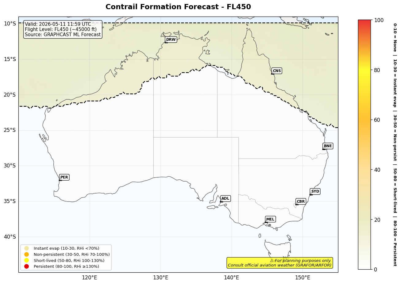 Contrail forecast for FL450 at 2026-05-11 11:59 UTC