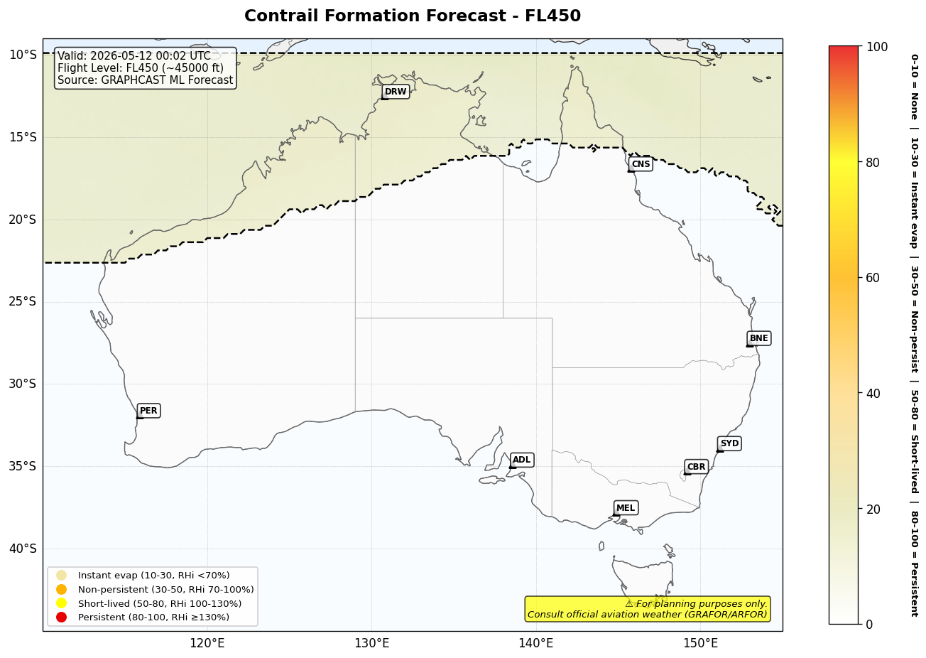 Contrail forecast for FL450 at 2026-05-12 00:02 UTC