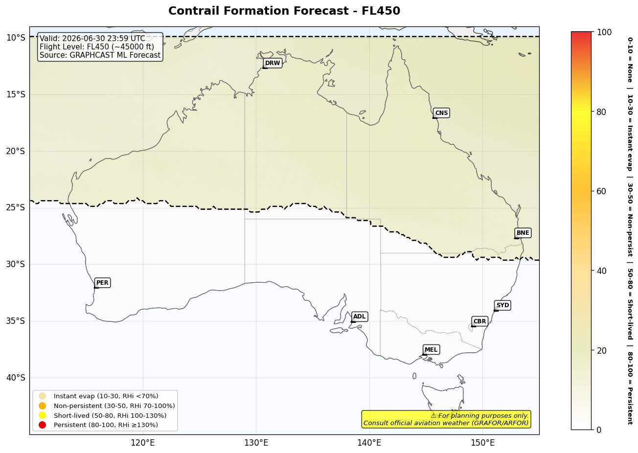 Contrail forecast for FL450 at 2026-06-30 23:59 UTC