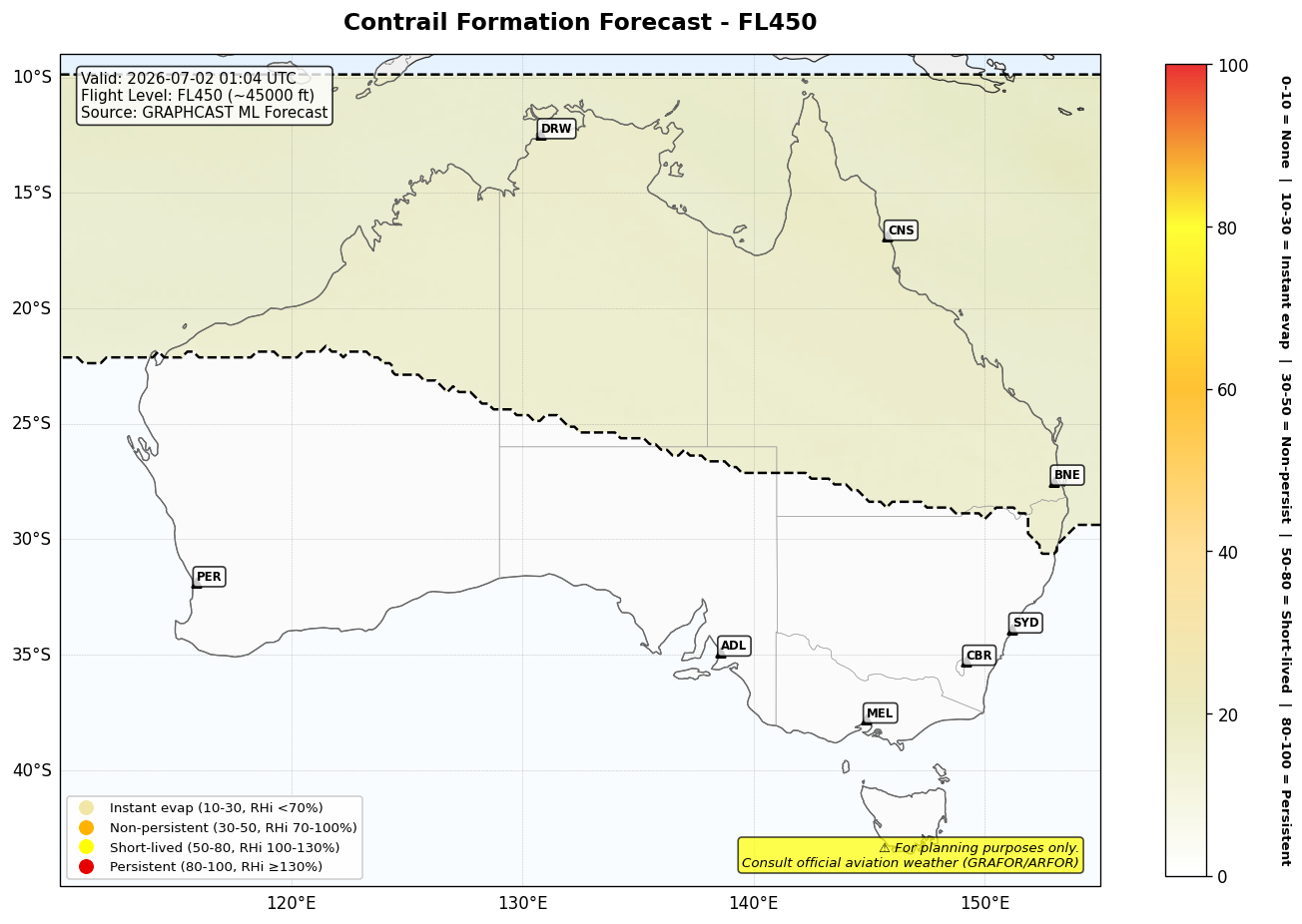 Contrail forecast for FL450 at 2026-07-02 01:04 UTC