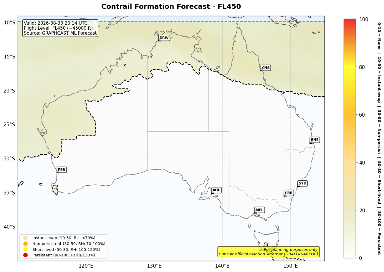 Contrail forecast for FL450 at 2026-08-30 20:14 UTC