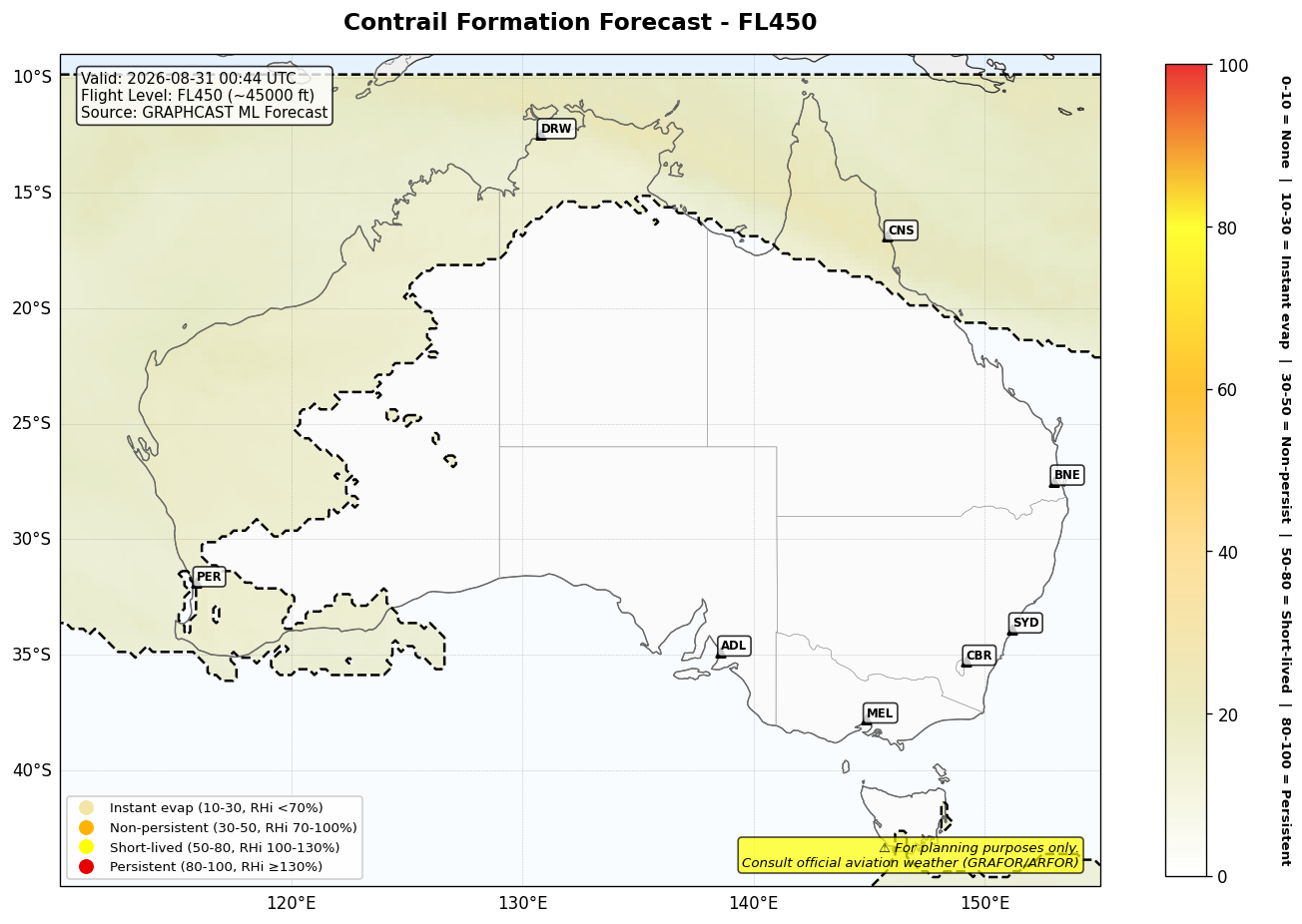 Contrail forecast for FL450 at 2026-08-31 00:44 UTC