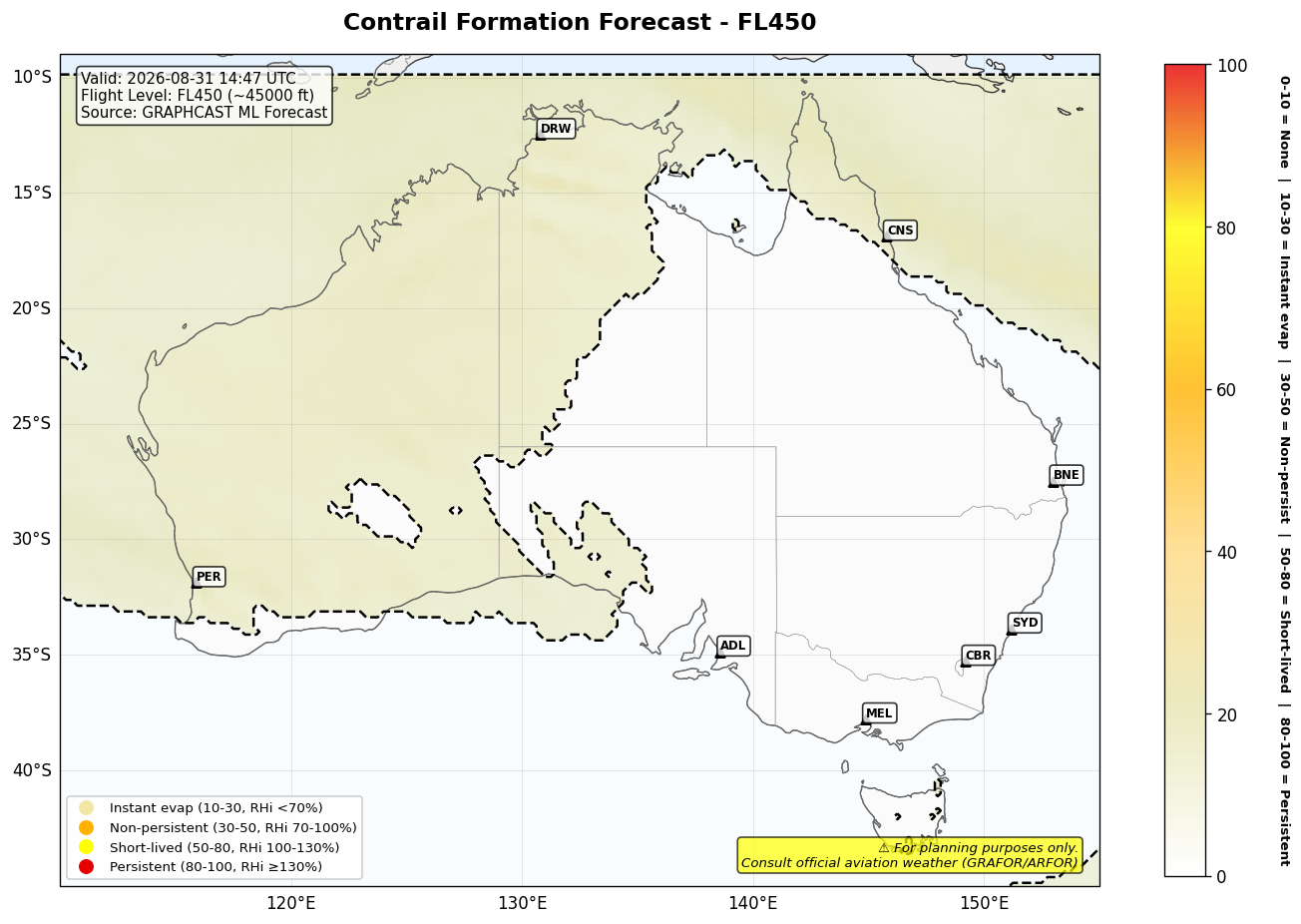 Contrail forecast for FL450 at 2026-08-31 14:47 UTC