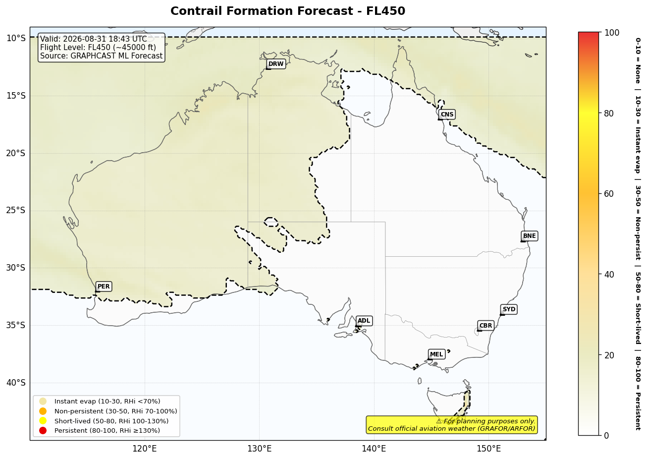 Contrail forecast for FL450 at 2026-08-31 18:43 UTC