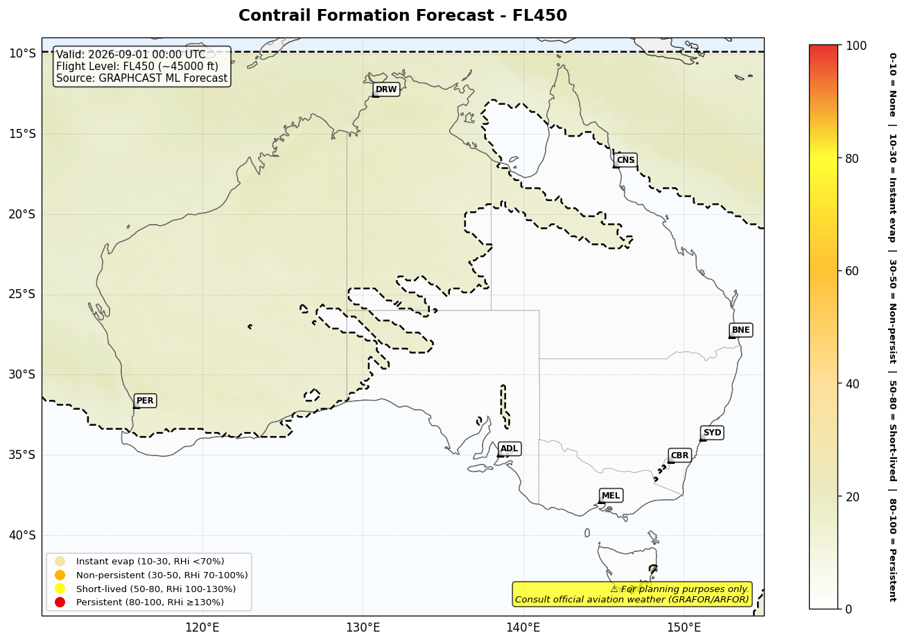 Contrail forecast for FL450 at 2026-09-01 00:00 UTC