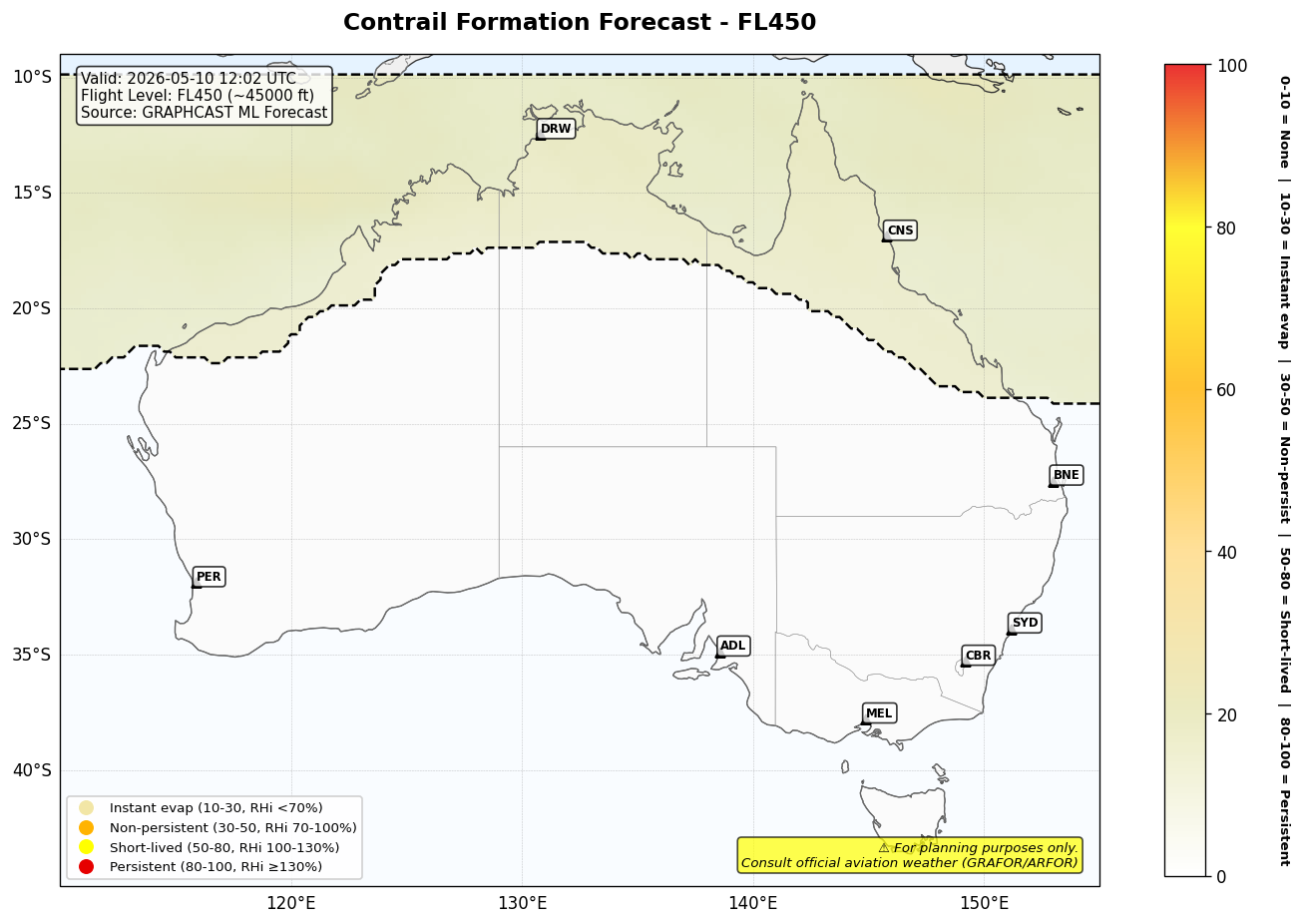 Contrail forecast for FL450 at 2026-05-10 12:02 UTC
