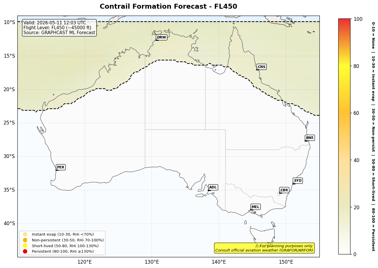 Contrail forecast for FL450 at 2026-05-11 12:03 UTC