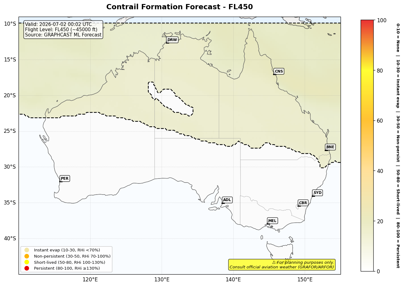 Contrail forecast for FL450 at 2026-07-02 00:02 UTC