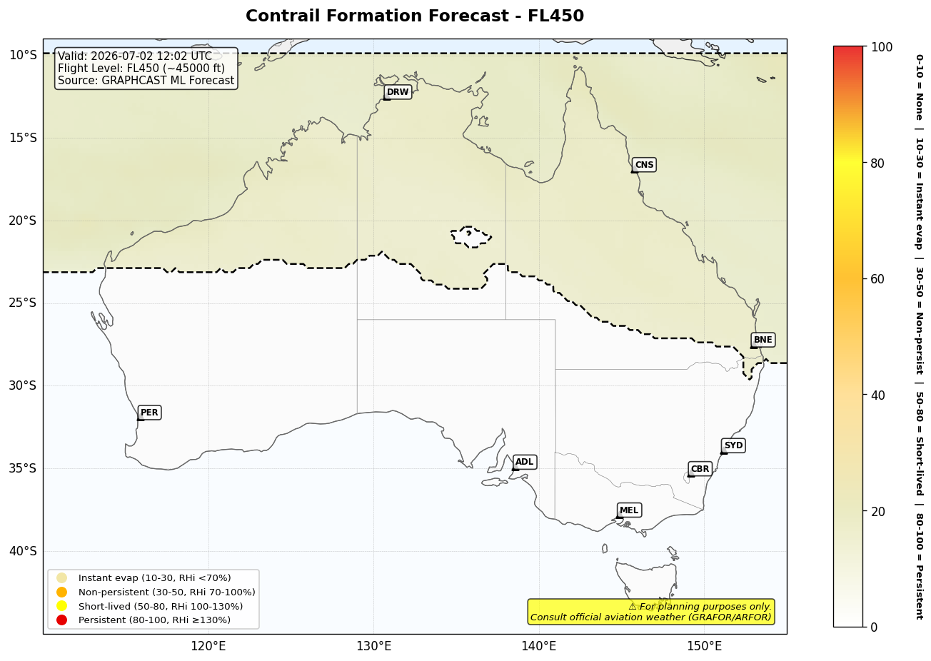 Contrail forecast for FL450 at 2026-07-02 12:02 UTC