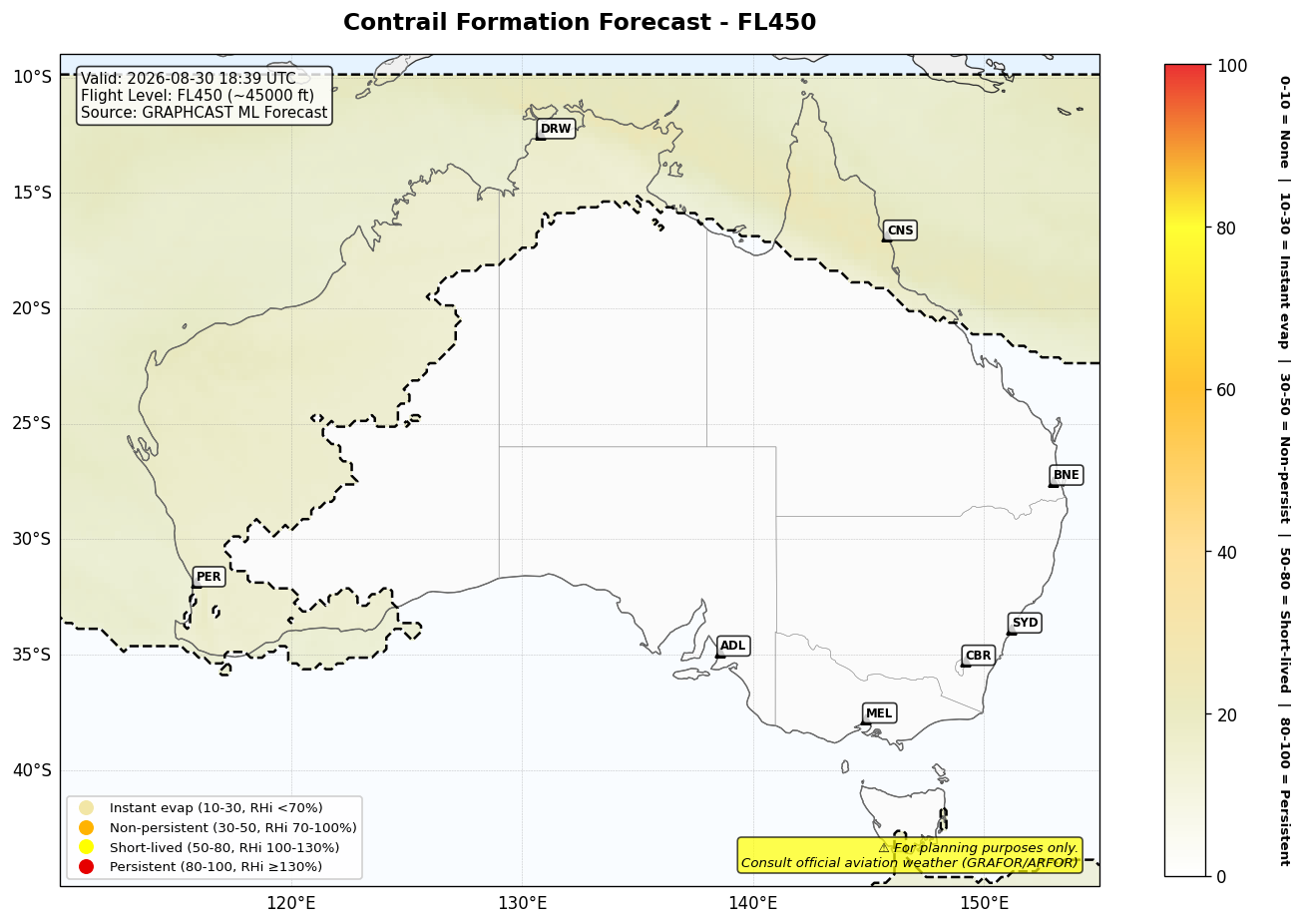 Contrail forecast for FL450 at 2026-08-30 18:39 UTC