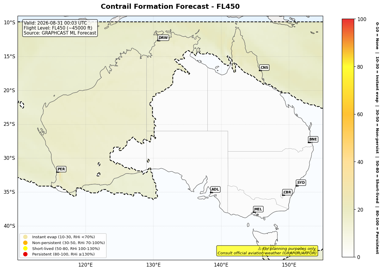 Contrail forecast for FL450 at 2026-08-31 00:03 UTC