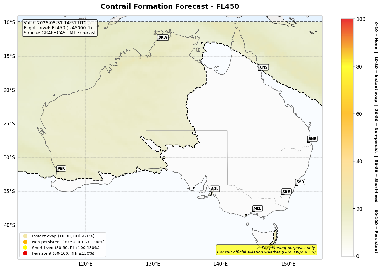 Contrail forecast for FL450 at 2026-08-31 14:51 UTC