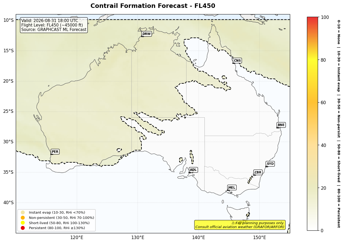 Contrail forecast for FL450 at 2026-08-31 18:00 UTC