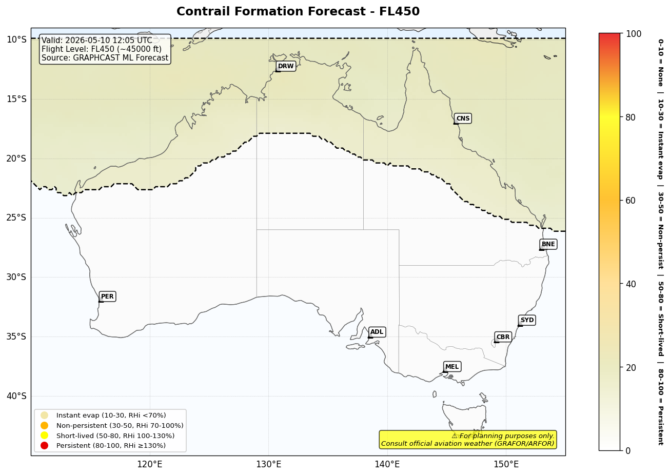 Contrail forecast for FL450 at 2026-05-10 12:05 UTC