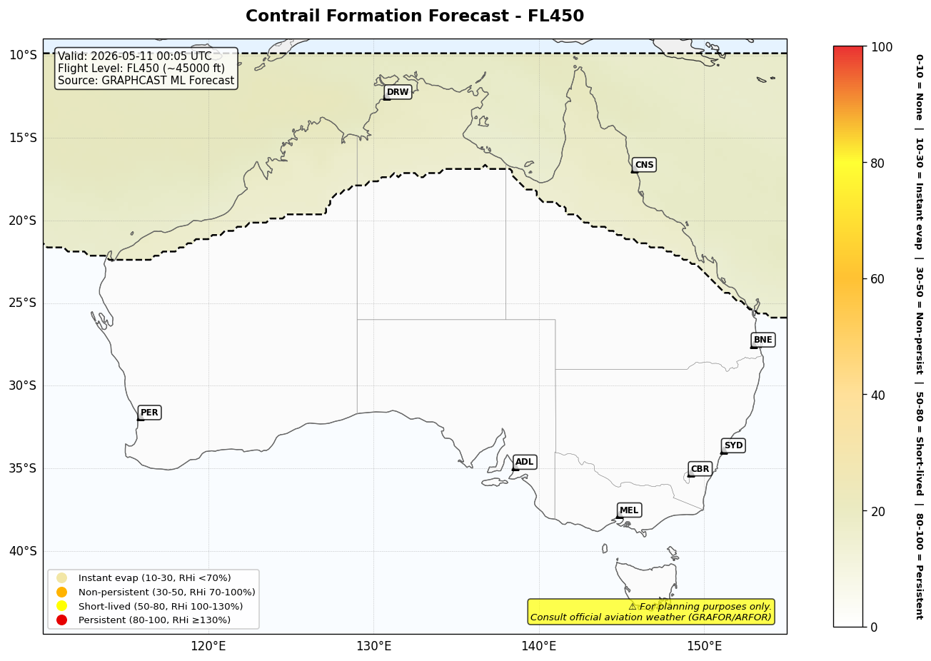 Contrail forecast for FL450 at 2026-05-11 00:05 UTC