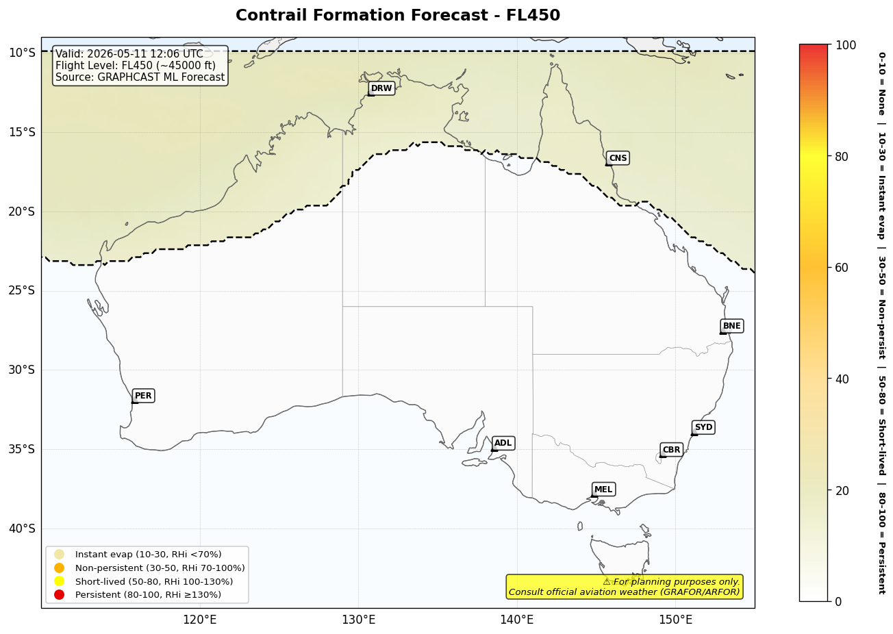 Contrail forecast for FL450 at 2026-05-11 12:06 UTC