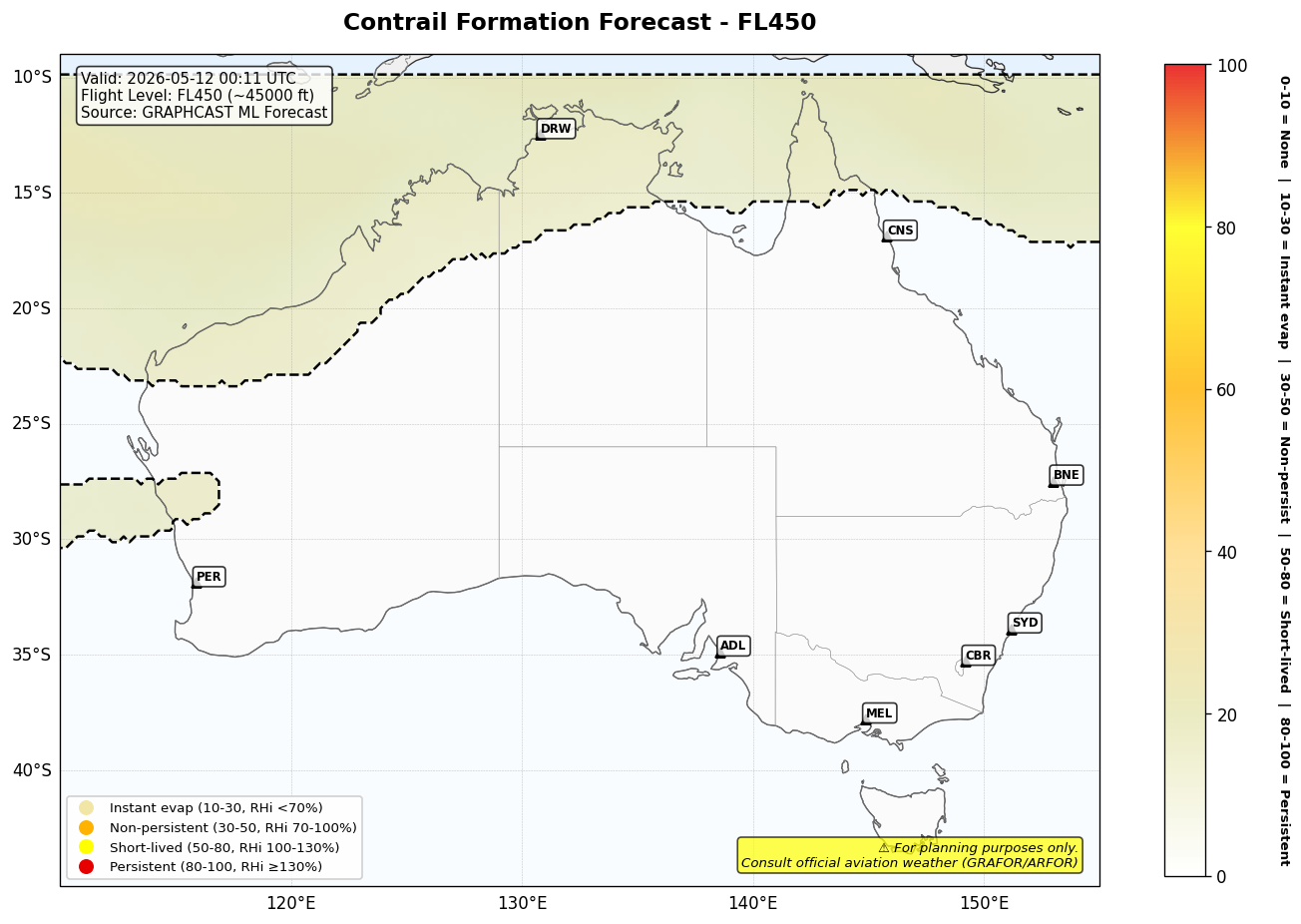 Contrail forecast for FL450 at 2026-05-12 00:11 UTC