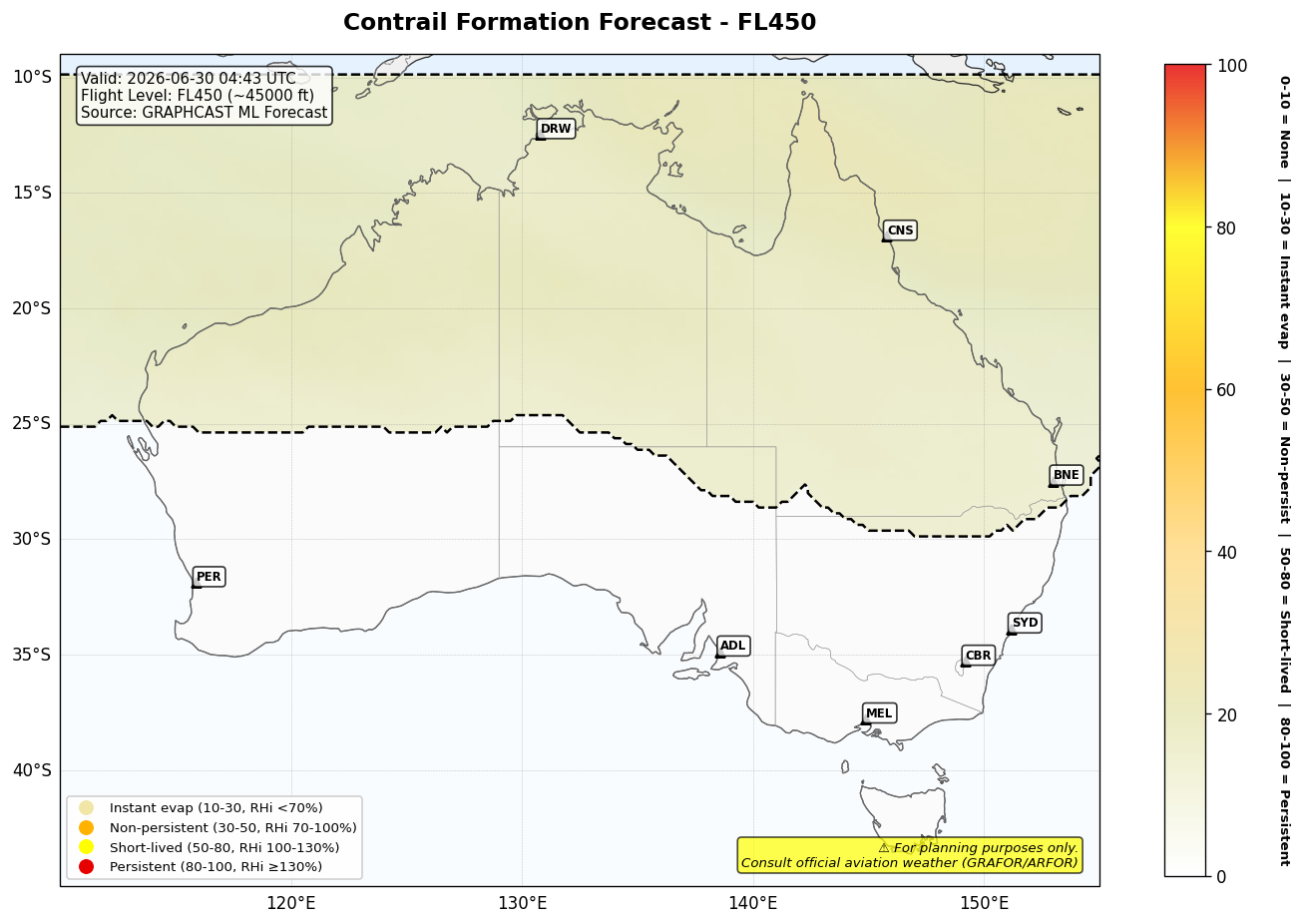 Contrail forecast for FL450 at 2026-06-30 04:43 UTC