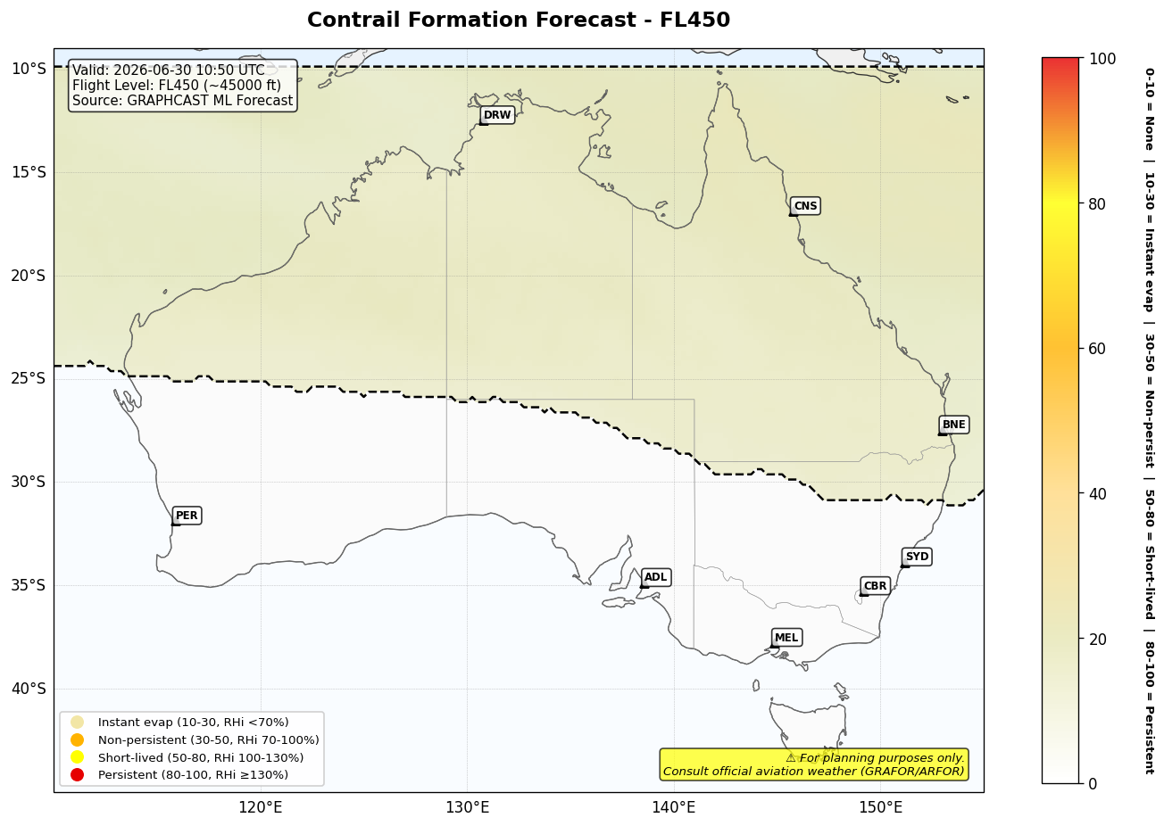 Contrail forecast for FL450 at 2026-06-30 10:50 UTC