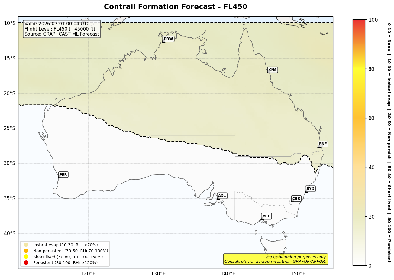 Contrail forecast for FL450 at 2026-07-01 00:04 UTC