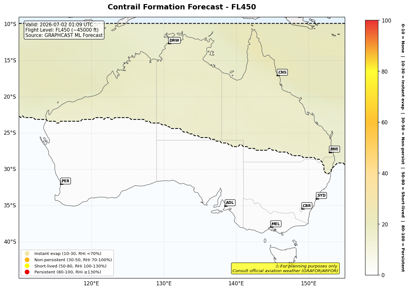 Contrail forecast for FL450 at 2026-07-02 01:09 UTC