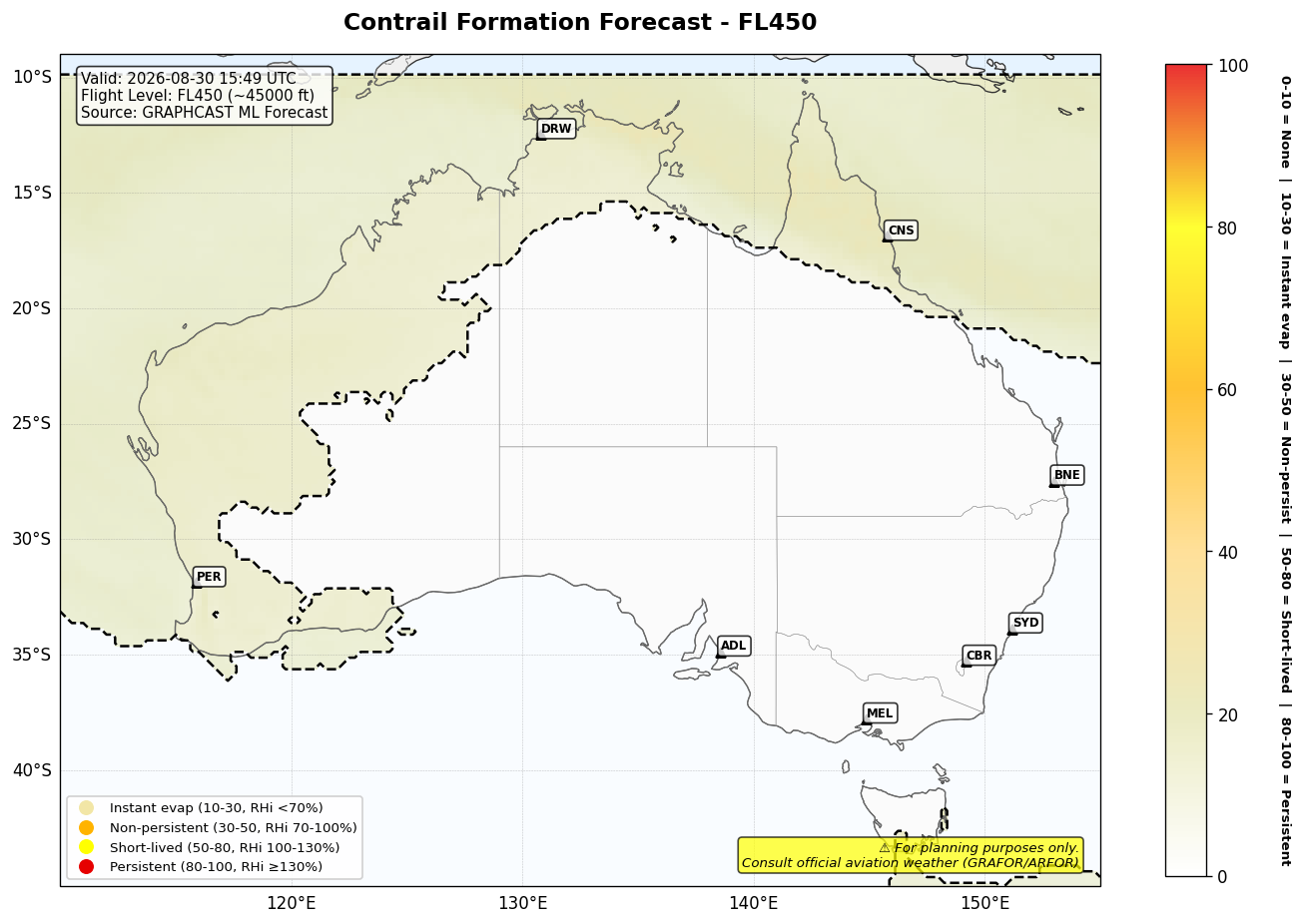 Contrail forecast for FL450 at 2026-08-30 15:49 UTC