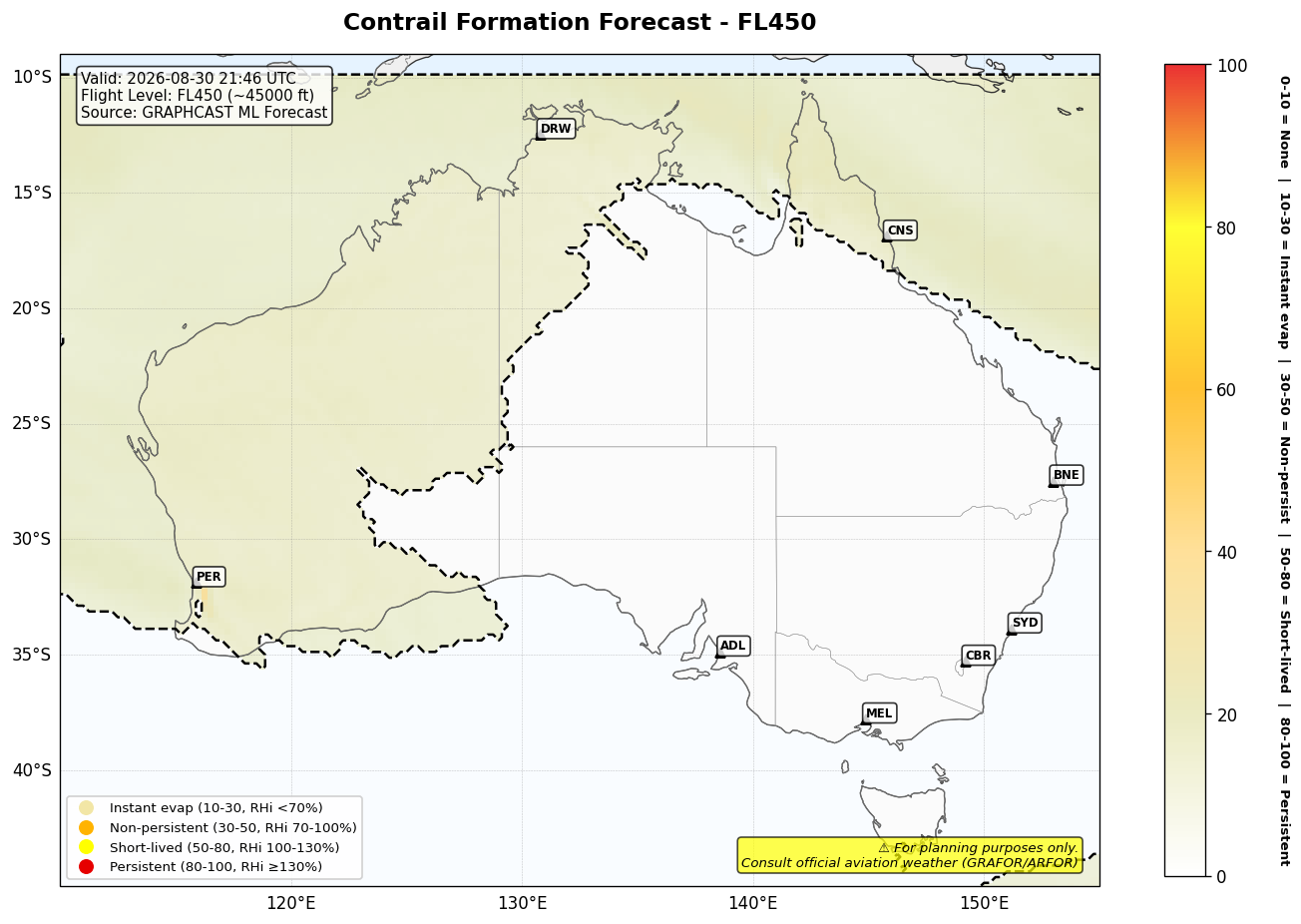 Contrail forecast for FL450 at 2026-08-30 21:46 UTC