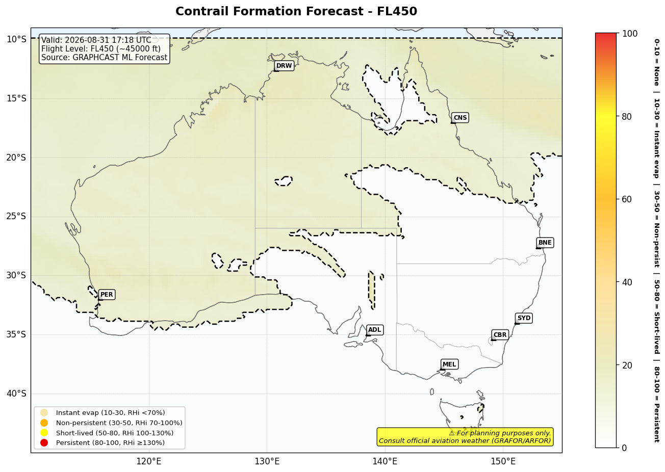 Contrail forecast for FL450 at 2026-08-31 17:18 UTC